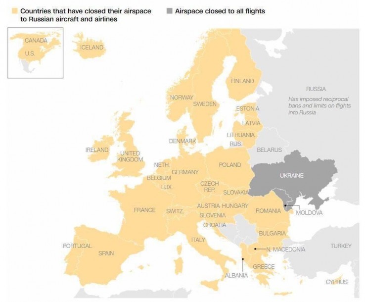 Pogledajte mapu zemalja koje su zatvorile zračni prostor za Rusiju